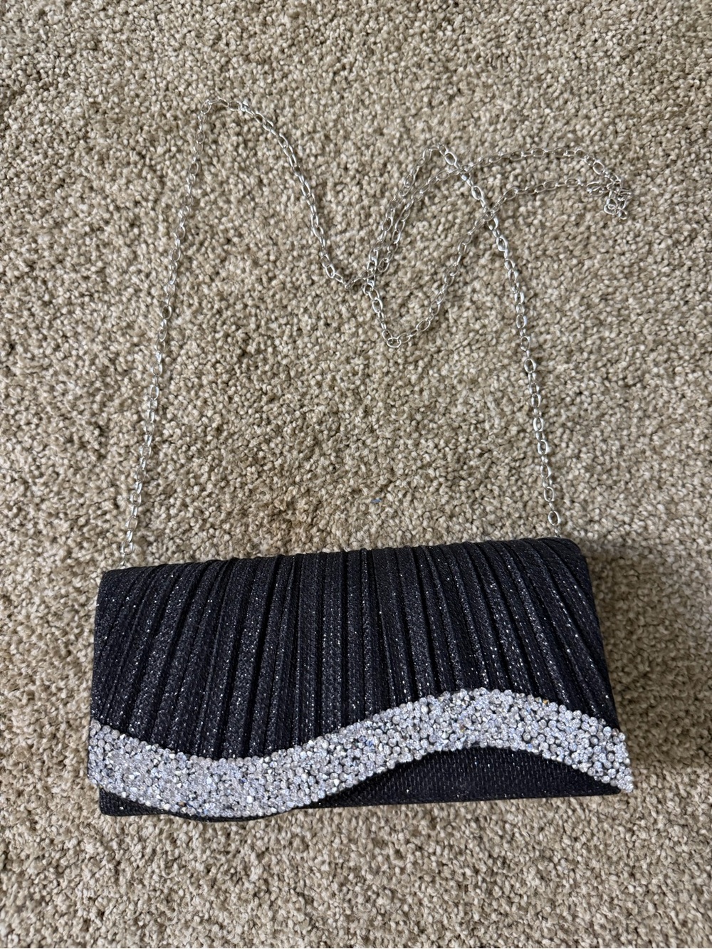 Black Glitter Evening Clutch with Silver Crystal Accent